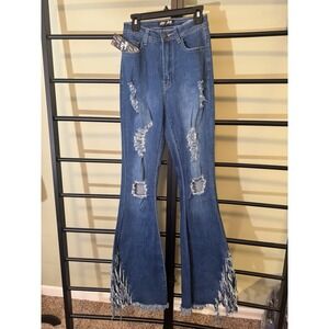 Women's Flared Bell Bottom Jeans Shredded Distressed Stretch JC JQ Small NEW Tag